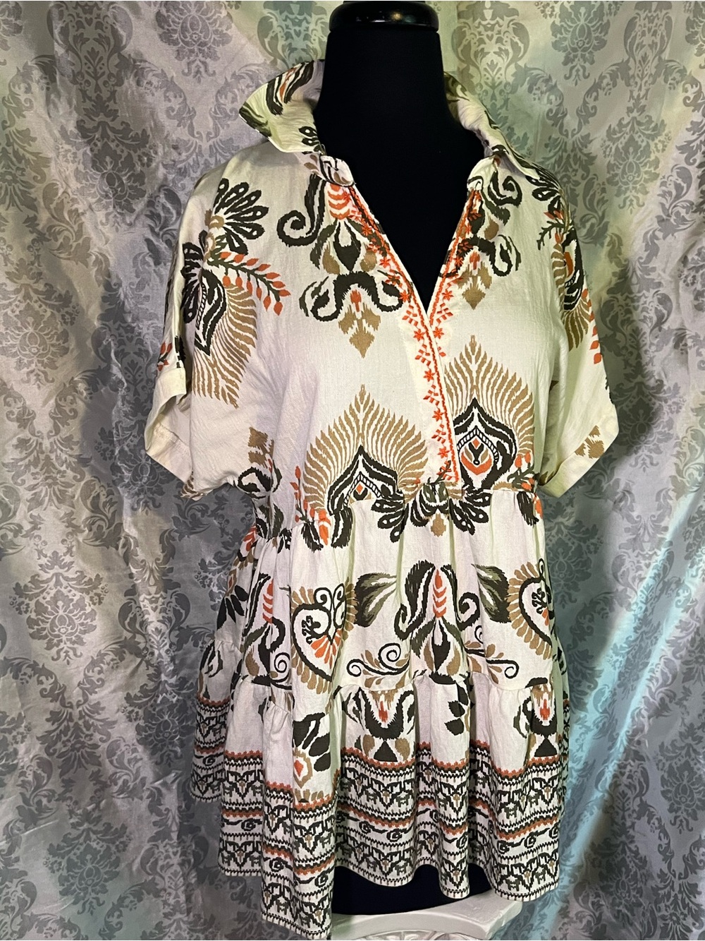Boho V-Neck Tiered Tunic in Cream with Olive and Rust Print